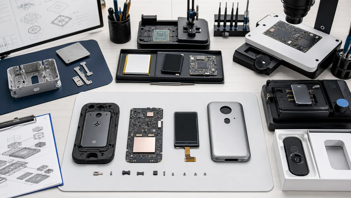 Disassembled smart device showing a circuit board, display module, battery, precision enclosure, tooling and test equipment handled as separate production stages