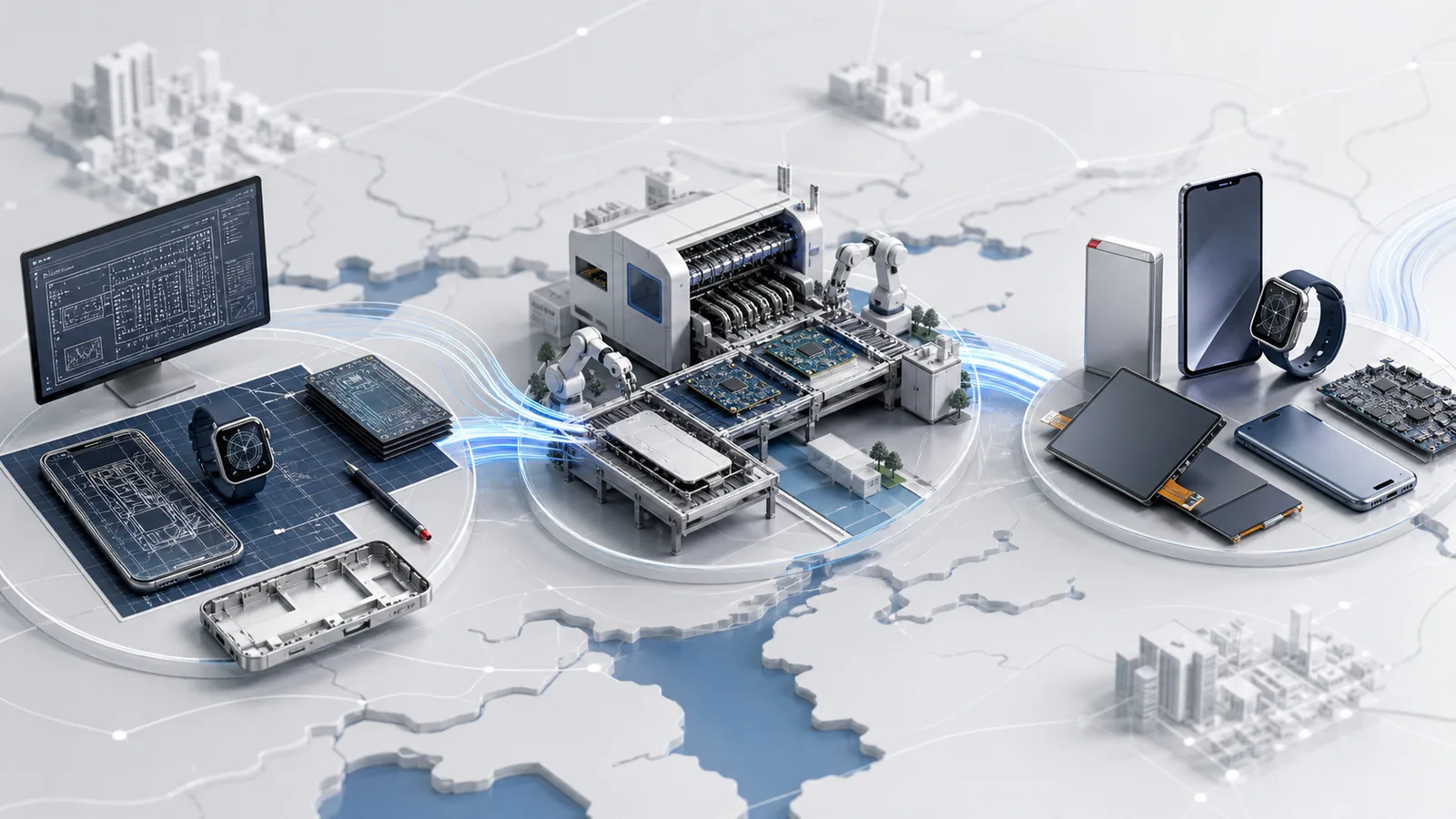 Illustration of consumer electronics design, circuit-board manufacturing, automated assembly, displays and batteries connected across multiple Guangdong production nodes