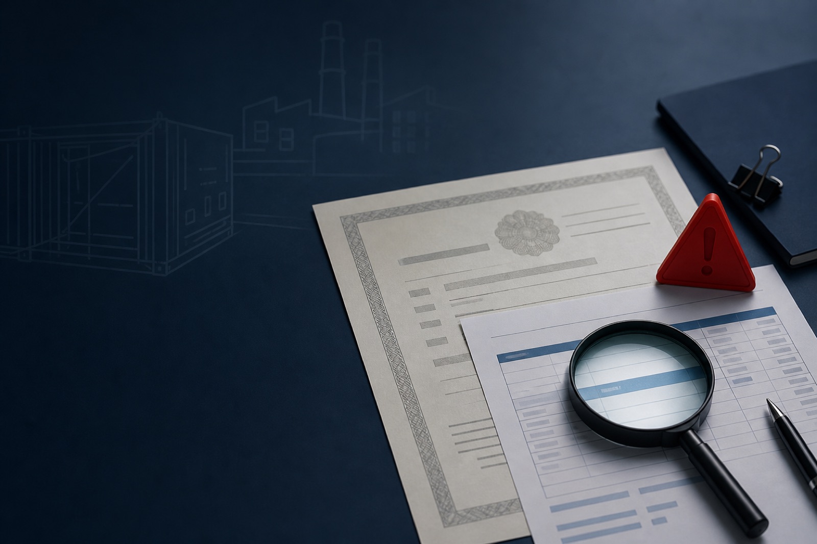 Supplier documents and invoice reviewed with a magnifying glass